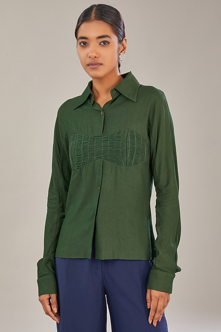 Forest Green Tencel Twill Shirt by Somya Goyal at Pernia's Pop Up Shop